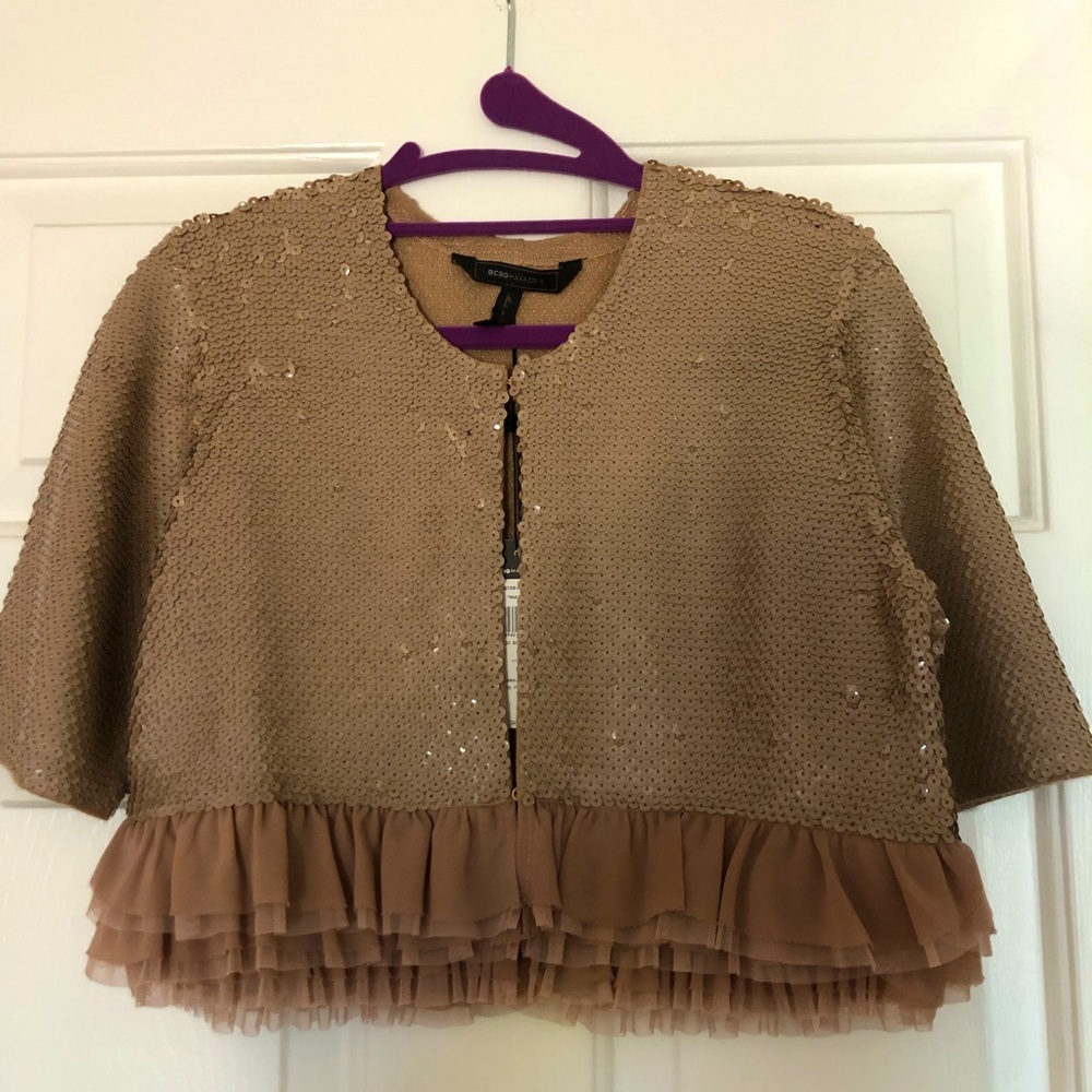 BCBG MAX AZRIA sequined tan jacket with silk ruffle edge
